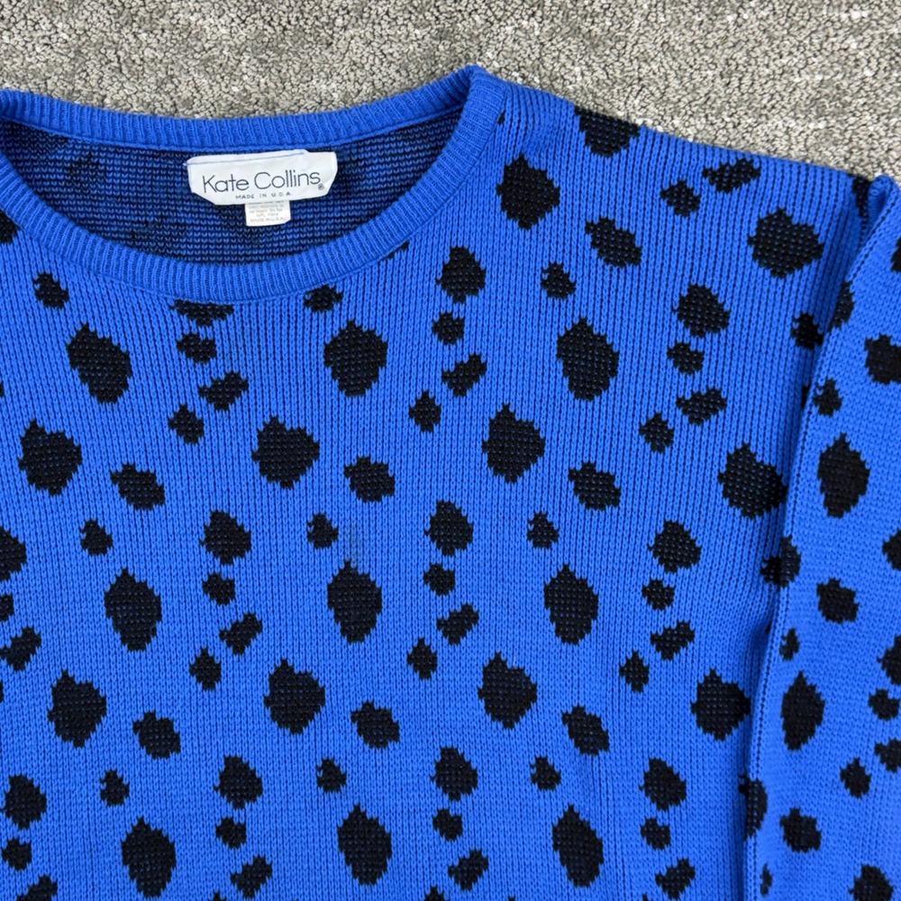 Vintage 80s Kate Collins Womens L Blue Black Spotted Sweater Made USA